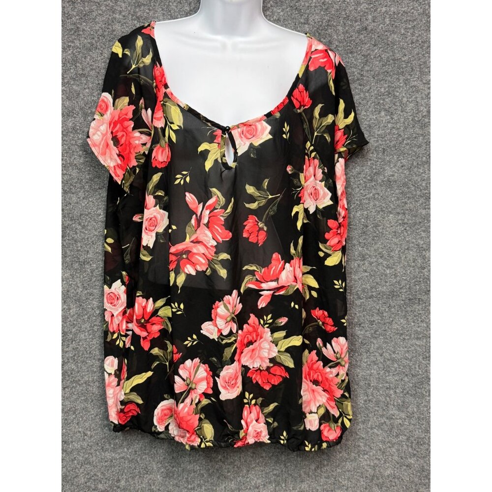 Alisha & Chloe Womens 4X Floral Chiffon Blouse  Black Pink Roses Plus Sheer Top